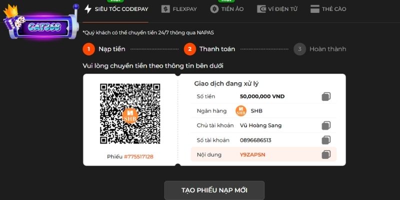 Nạp tiền thông qua chuyển khoản ngân hàng update từng bước